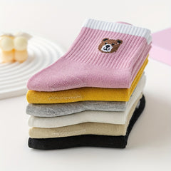 6 Pairs Bear Print Socks Comfy Mid Tube Women's Stockings