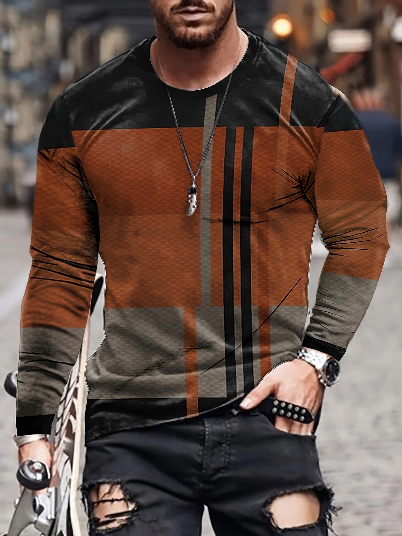 Men's Long Sleeve Novelty T-shirt for Spring/Autumn