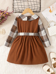 Plaid Contrast Doll Collar Long Sleeve Dress For Girls