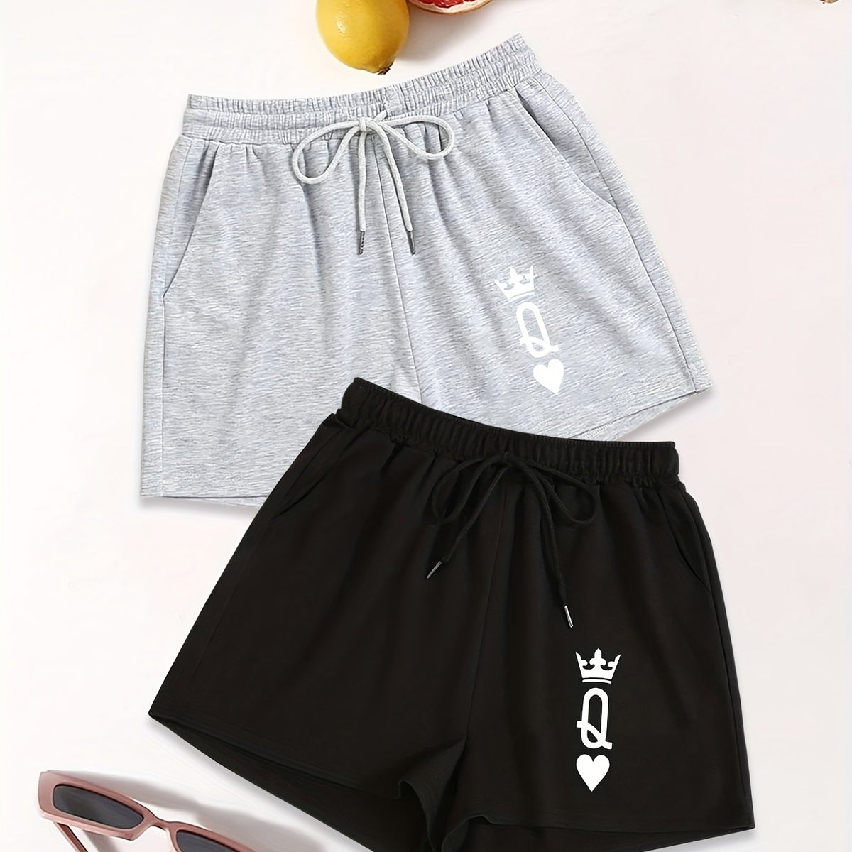 Letter Print Drawstring Waist Casual Shorts 2 Pack
