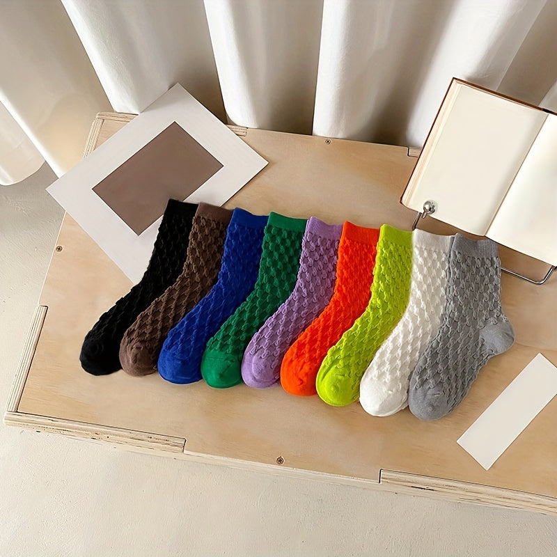 9 Pairs Textured Solid Socks Soft Mid Tube Stockings & Hosiery