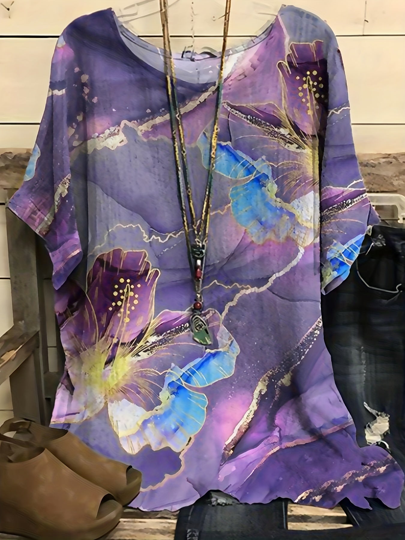  Boho Blouse Women's Plus Marble & Floral Print Drop Shoulder Short Sle