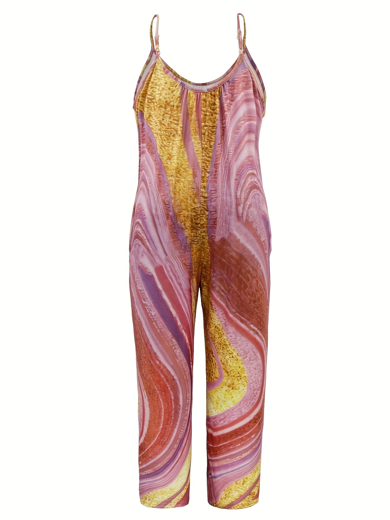  Marble Print Round Neck Wide Leg Cami Jumpsuit
