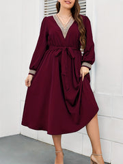 Applique Lantern Sleeve V Neck Belted Maxi Dress Plus Size