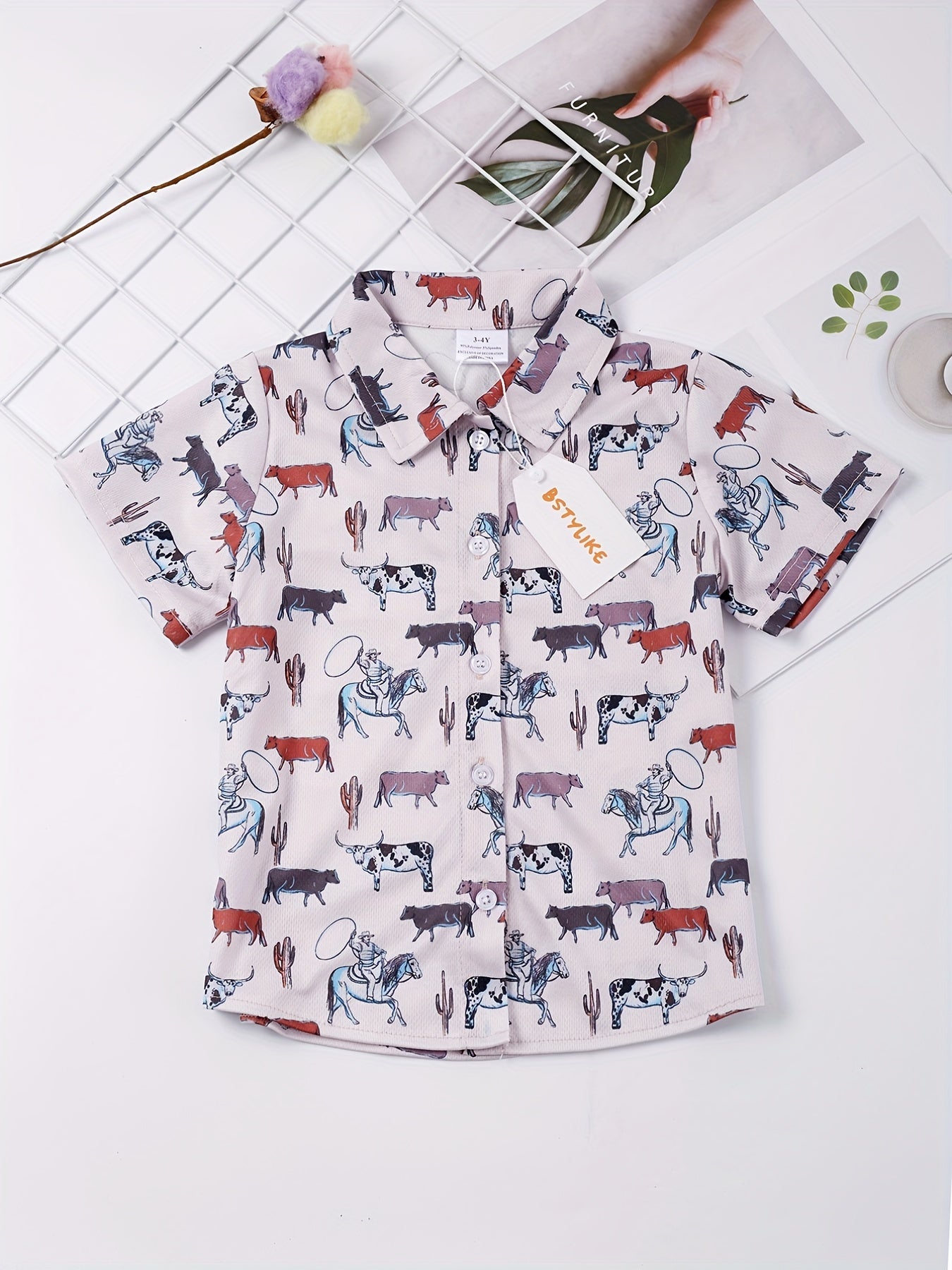 Boys Cow Short Sleeves Button Down Shirt Tops for Summer
