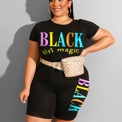  Letter Print Tee & Shorts Set Women's Plus Casual 2pcs