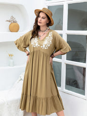 Lace Ruffle Trim V Neck Dress