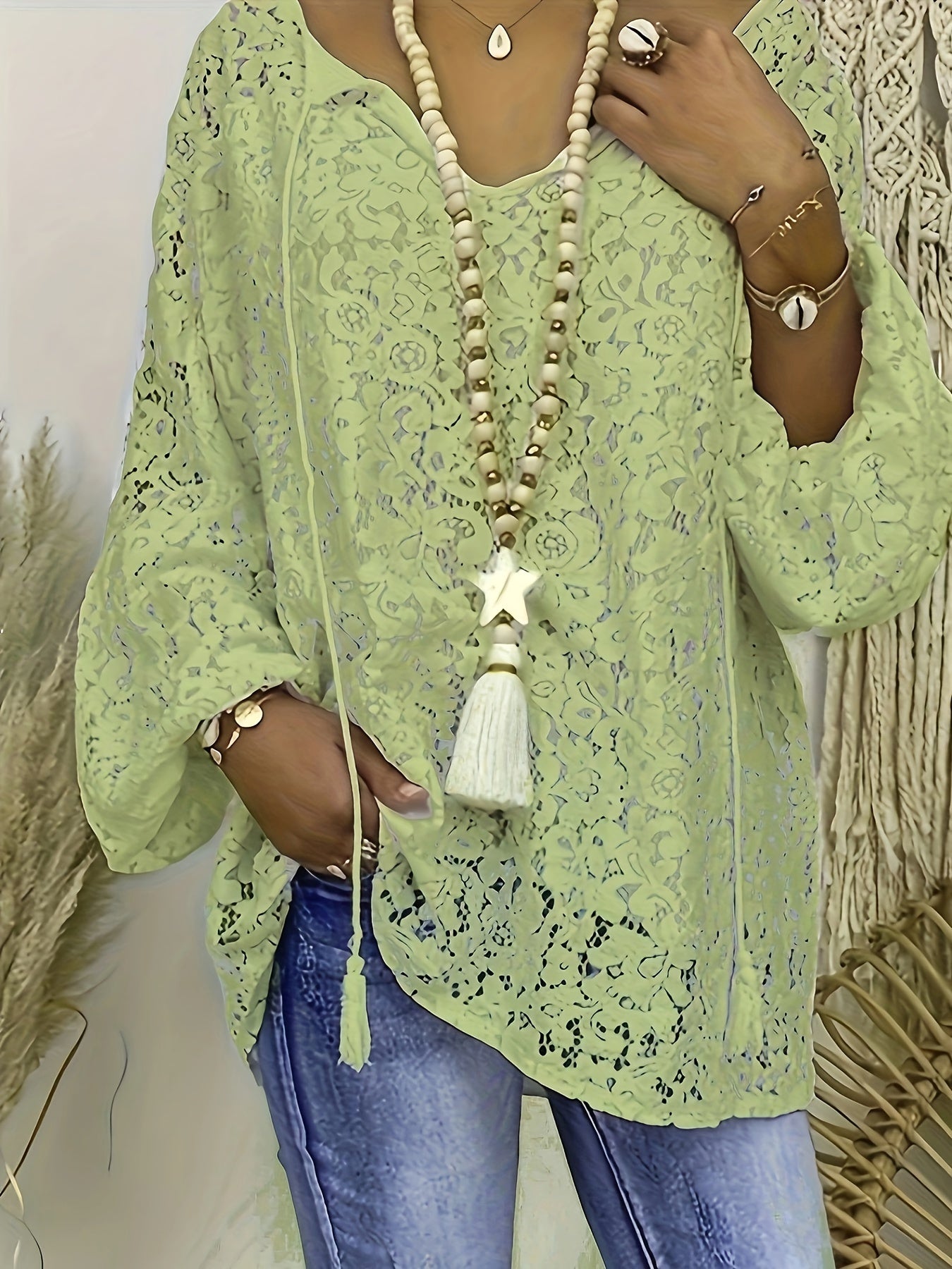  Boho Blouse Lace Lantern Sleeve Tunic Top