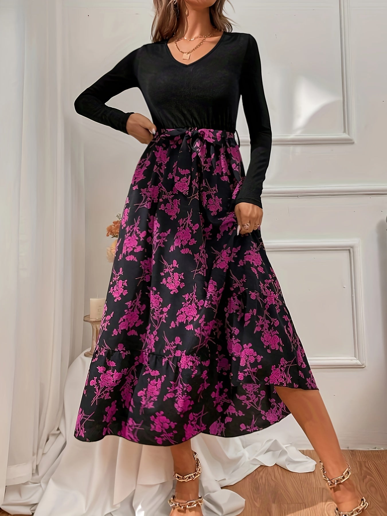  Colorblock Floral Long Sleeve Maxi Dress With Belt