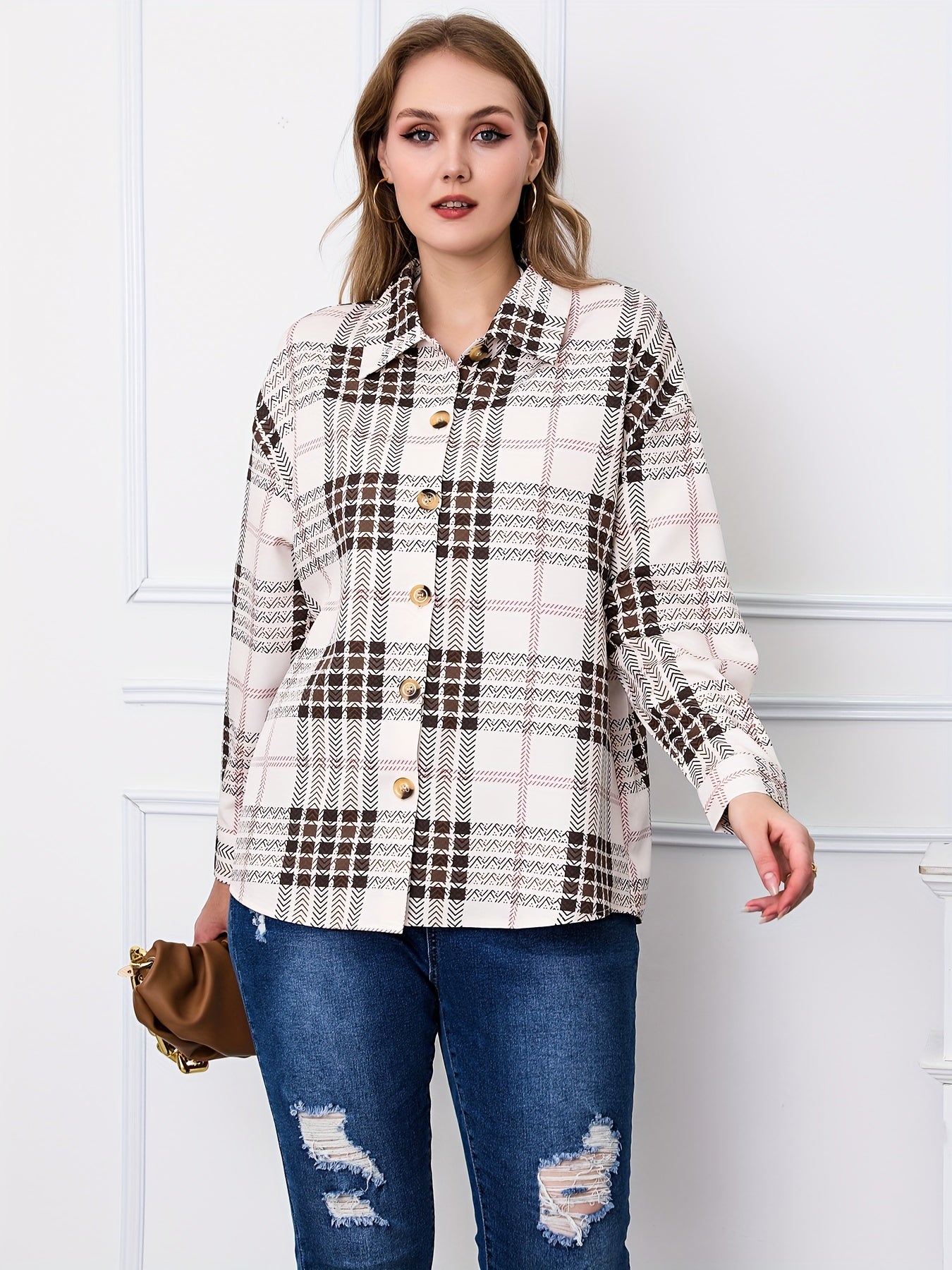  Casual Blouse Women's Plus Plaid Print Button Up Long Sleeve