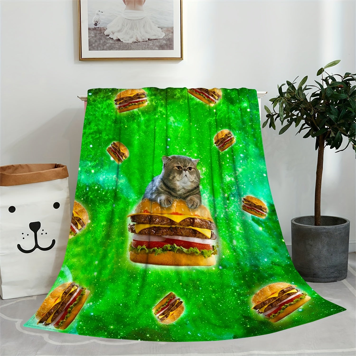Flannel Hamburger Cat Print Blanket - Multifunctional Picnic Blanket