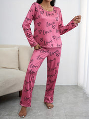 Letter & Heart Print Pajama Set Crew Neck Top & Elastic Waistband