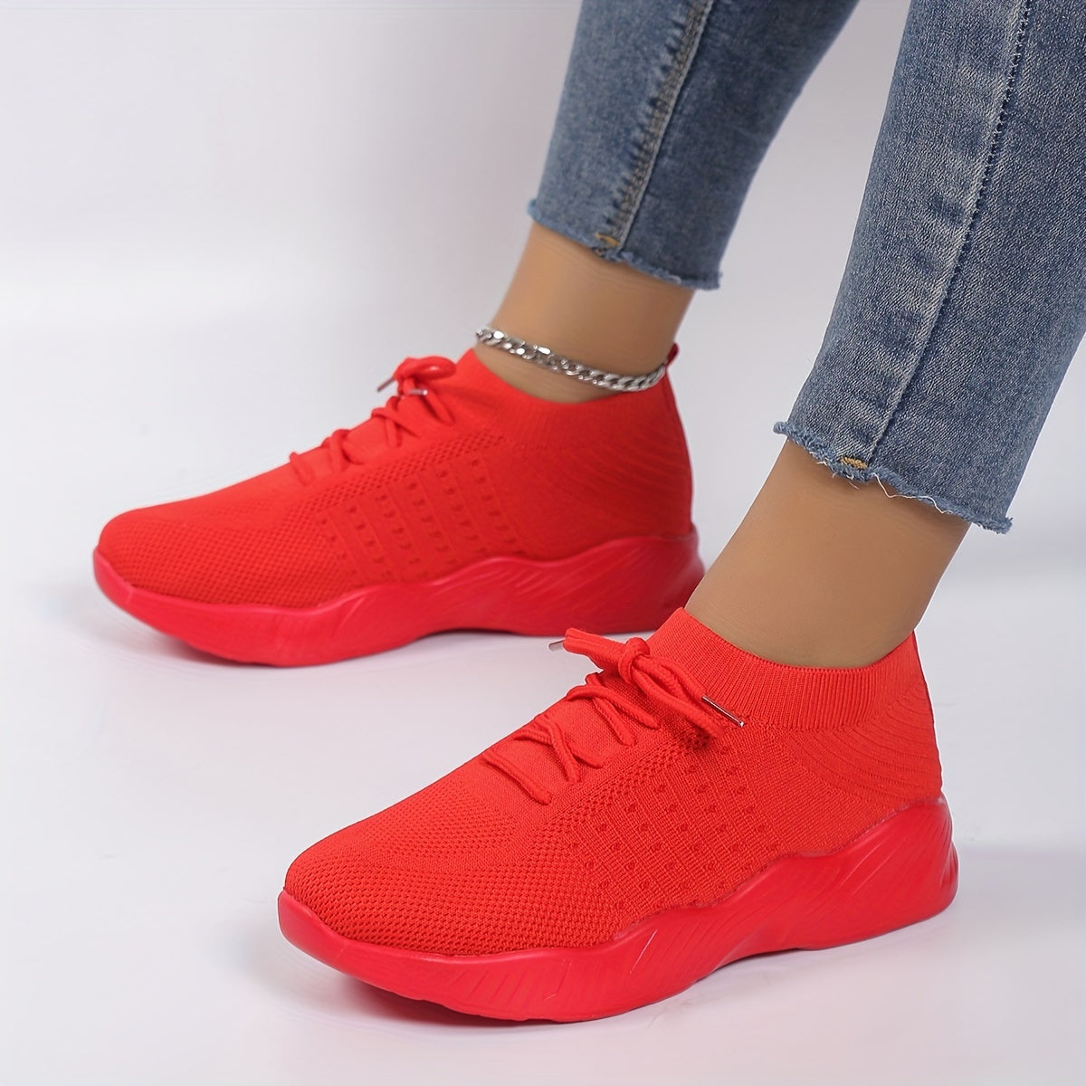 Women's Running Sports Shoes Lightweight Knitted Lace Up Sneakers
