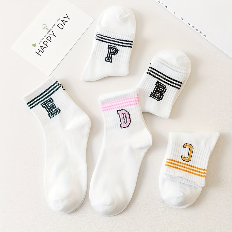 5 Pairs Letter & Stripe Print Socks Women's Mid Tube Stockings