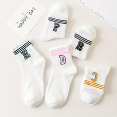 5 Pairs Letter & Stripe Print Socks Women's Mid Tube Stockings