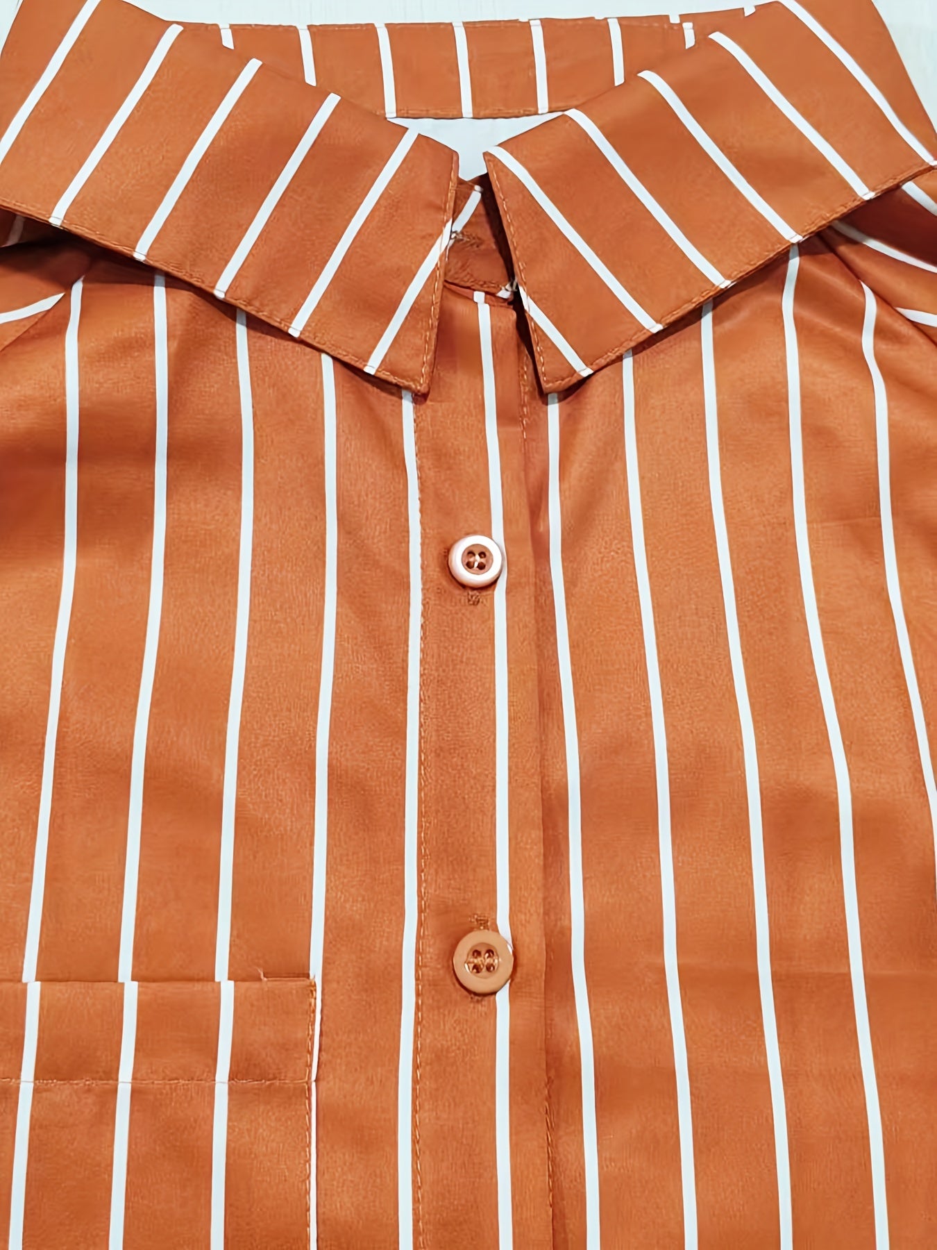  Striped Print Lantern Sleeve Button Up Collar Tunic Top