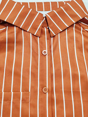  Striped Print Lantern Sleeve Button Up Collar Tunic Top