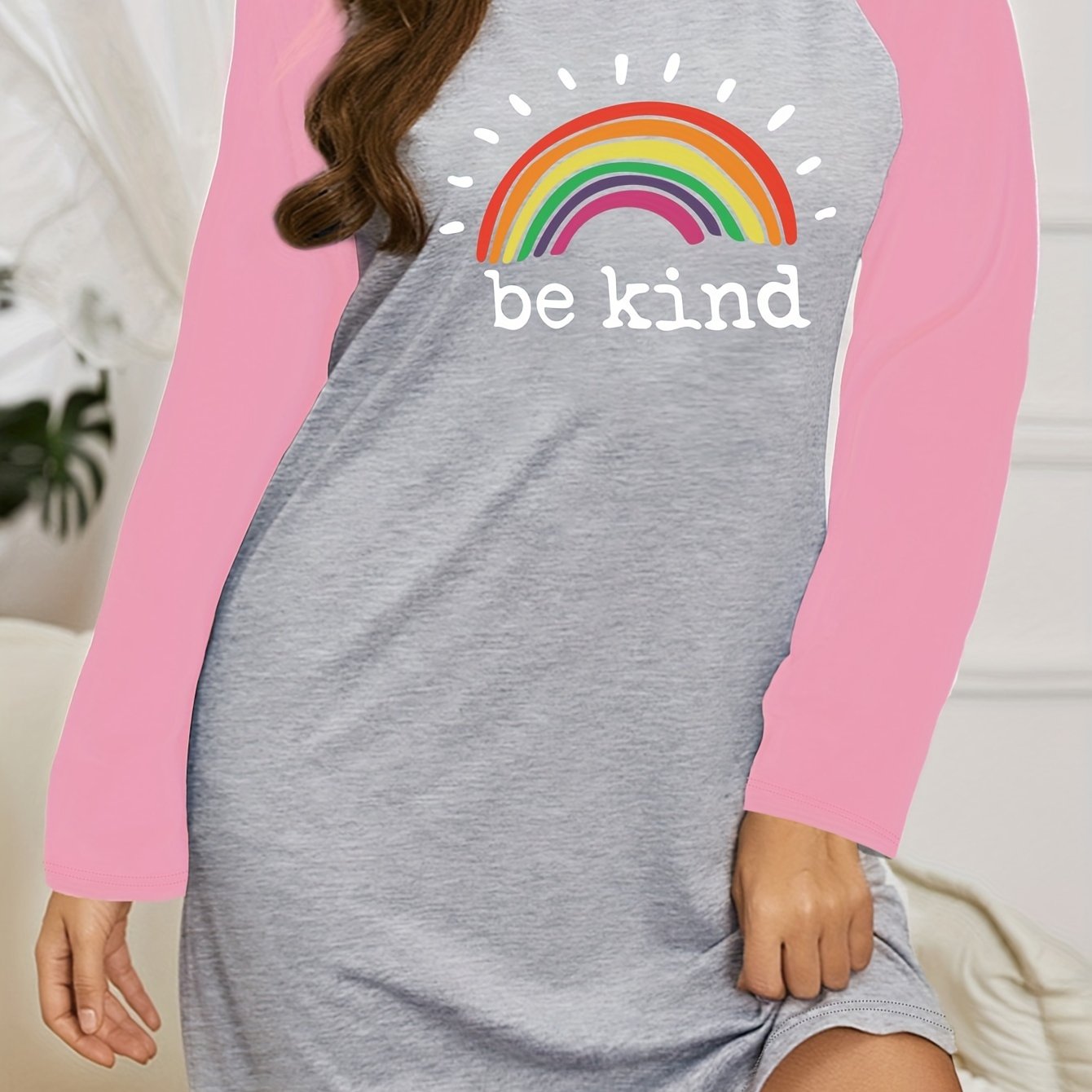  Rainbow Print Raglan Sleeve Tee Sleep Dress
