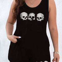  Gothic Skull Print Lounge Set Women's Tank Top & Shorts Pajama