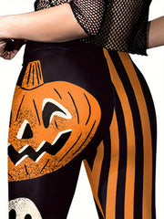 Halloween Pumpkin Print Leggings Stretch Fitness Yoga Pants Women's Activewear
