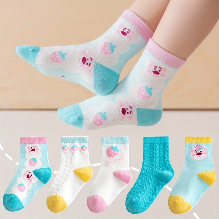 5 Pairs Girls Kids Bear Pattern Socks Comfy Crew Children's Socks
