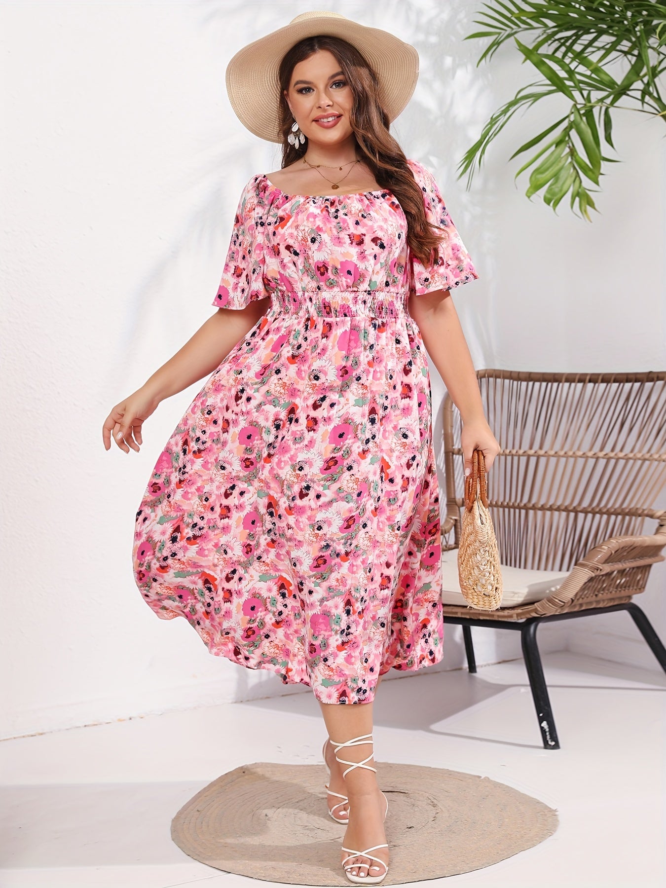  Vacay Dress Women's Plus Floral Print Ruffle Sleeve Beach Dress
