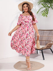  Vacay Dress Women's Plus Floral Print Ruffle Sleeve Beach Dress