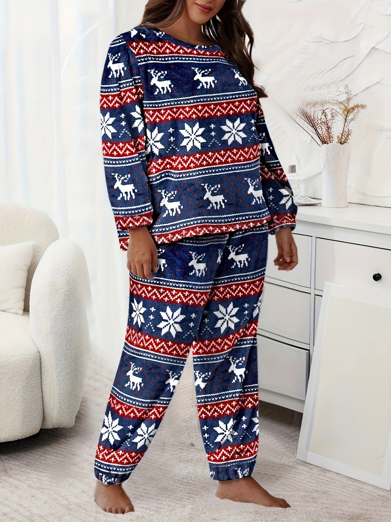  Christmas Loungewear Set Women's Plus Geo Snowflake & Elk Print Flanne