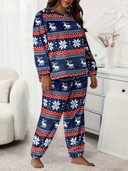 Christmas Loungewear Set Women's Plus Geo Snowflake & Elk Print Flanne