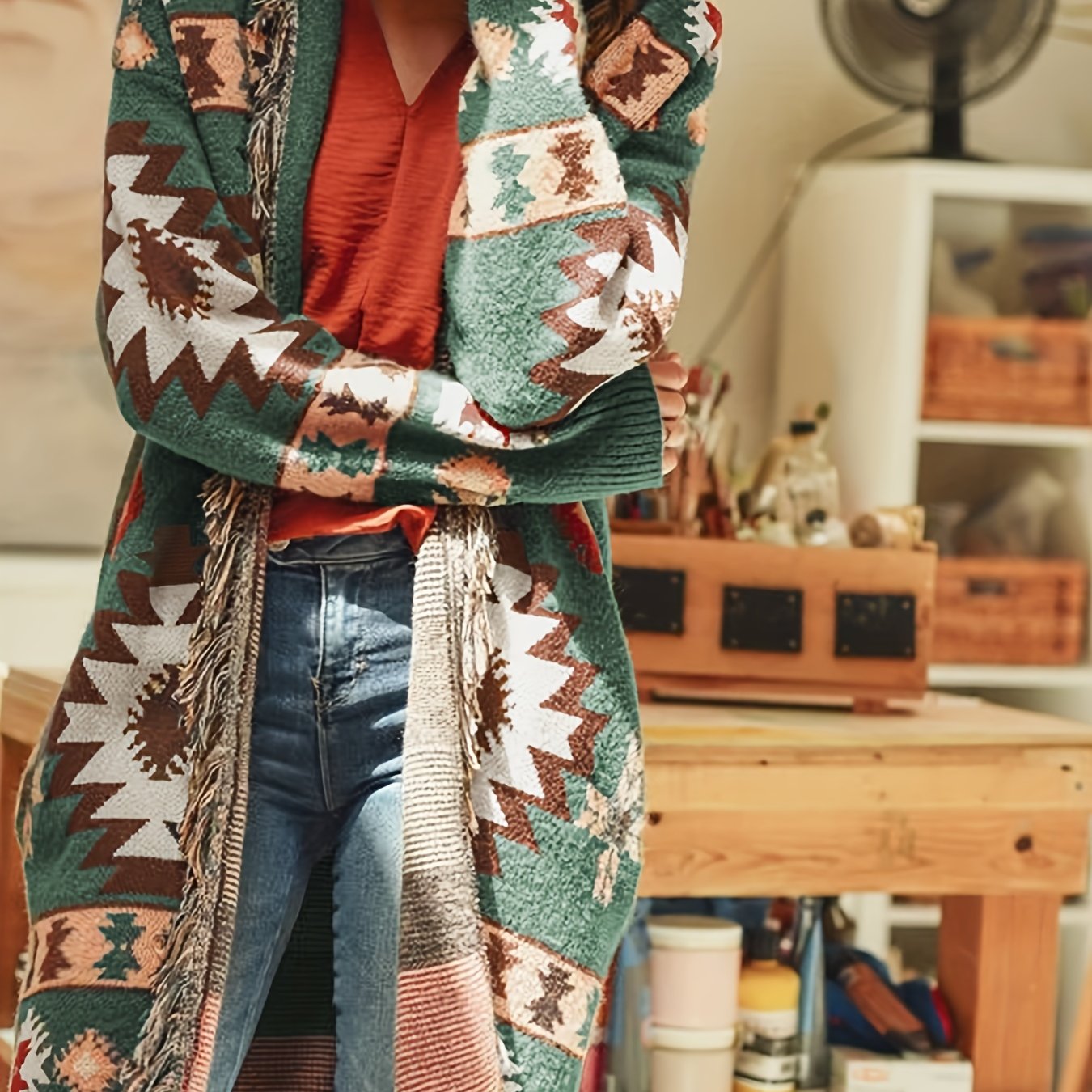  Boho Cardigan Women's Plus Colorblock Southwestern Print