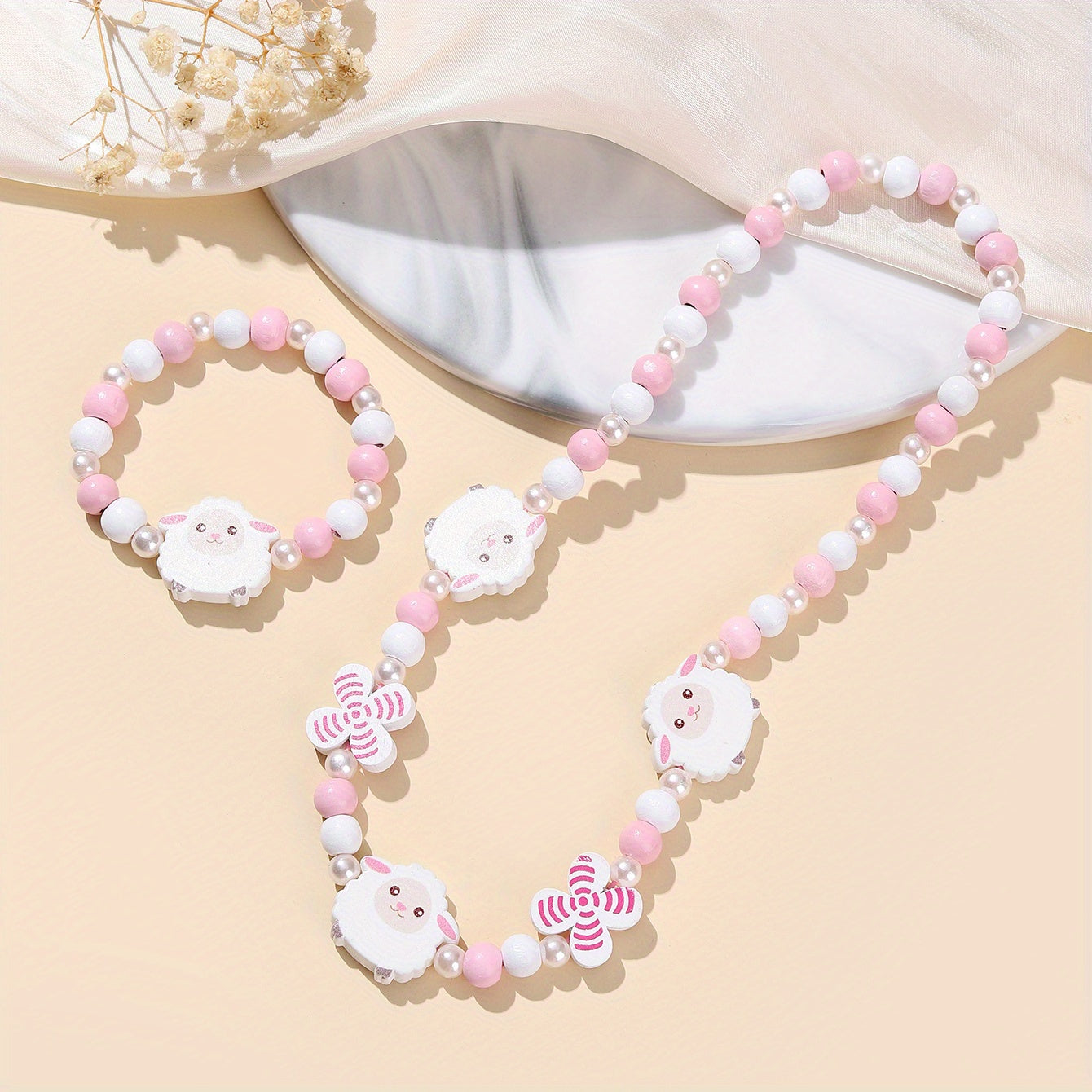 Pink Wood Fox Flower Beads Jewelry Set