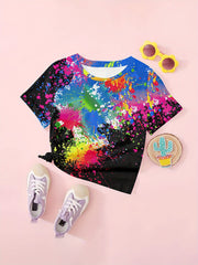Girls Tie Dye Graffiti Print T shirt - Summer Sports