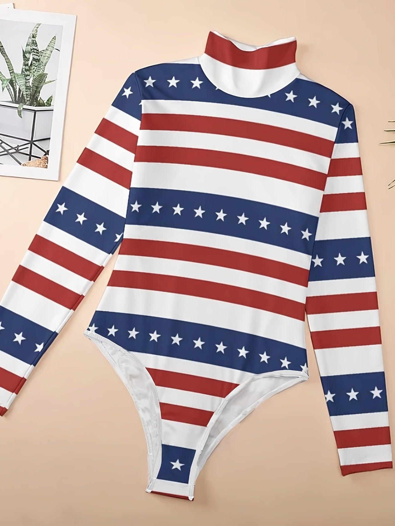 Women's Star & Stripe Print Long Sleeve Mock Neck Bodysuit