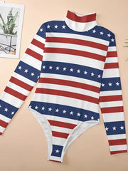  Women's Star & Stripe Print Long Sleeve Mock Neck Bodysuit