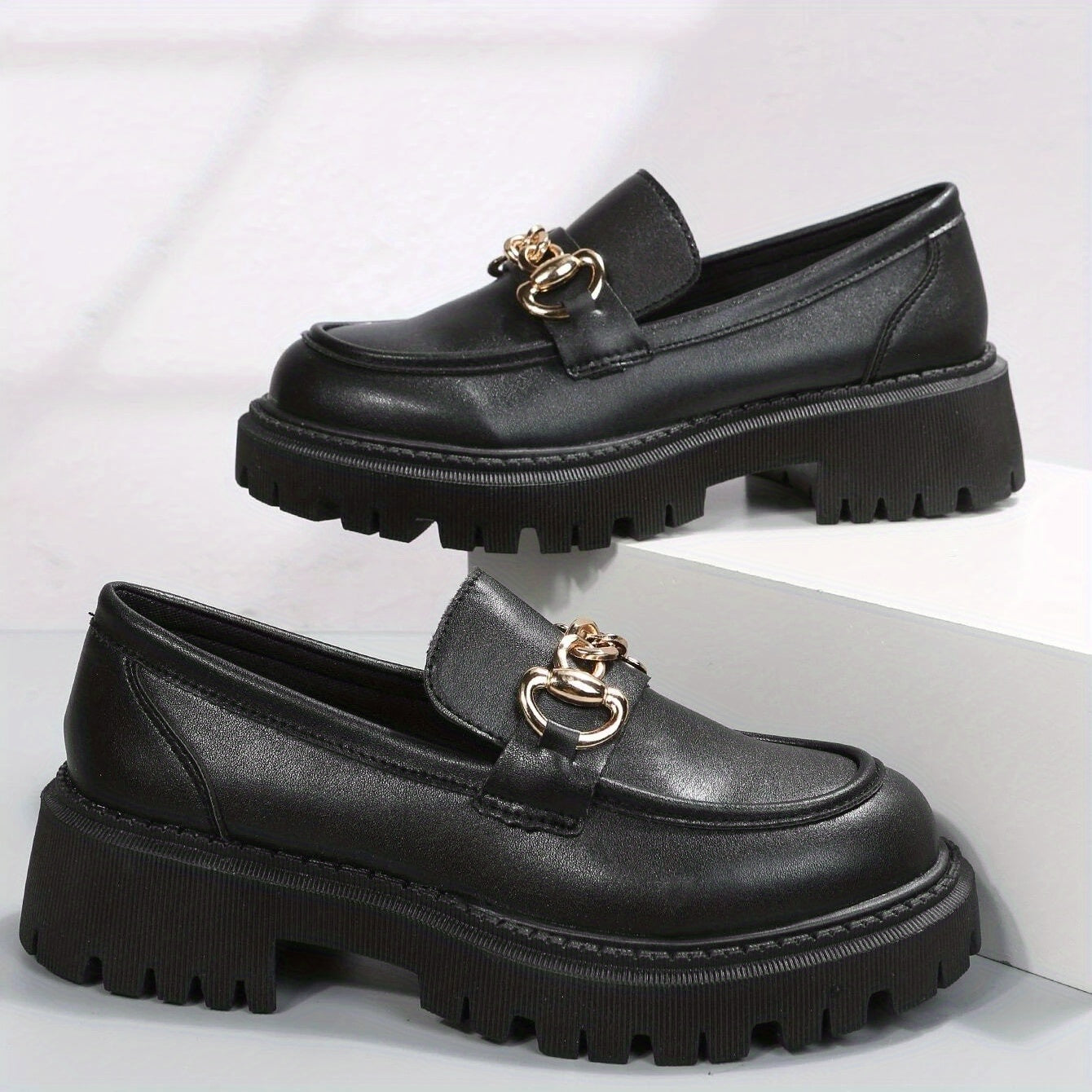 British Style Chain Decor Loafers Slip On Shoes