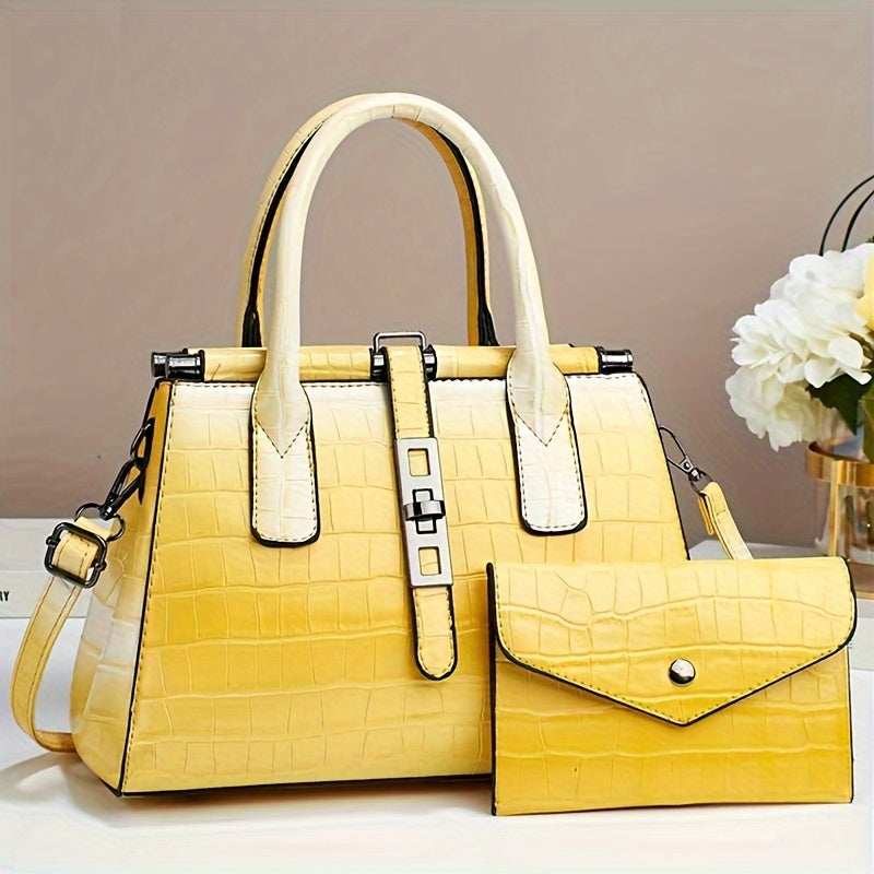 Crocodile Print Satchel Top Handle Tote Bag & Clutch Purse Set