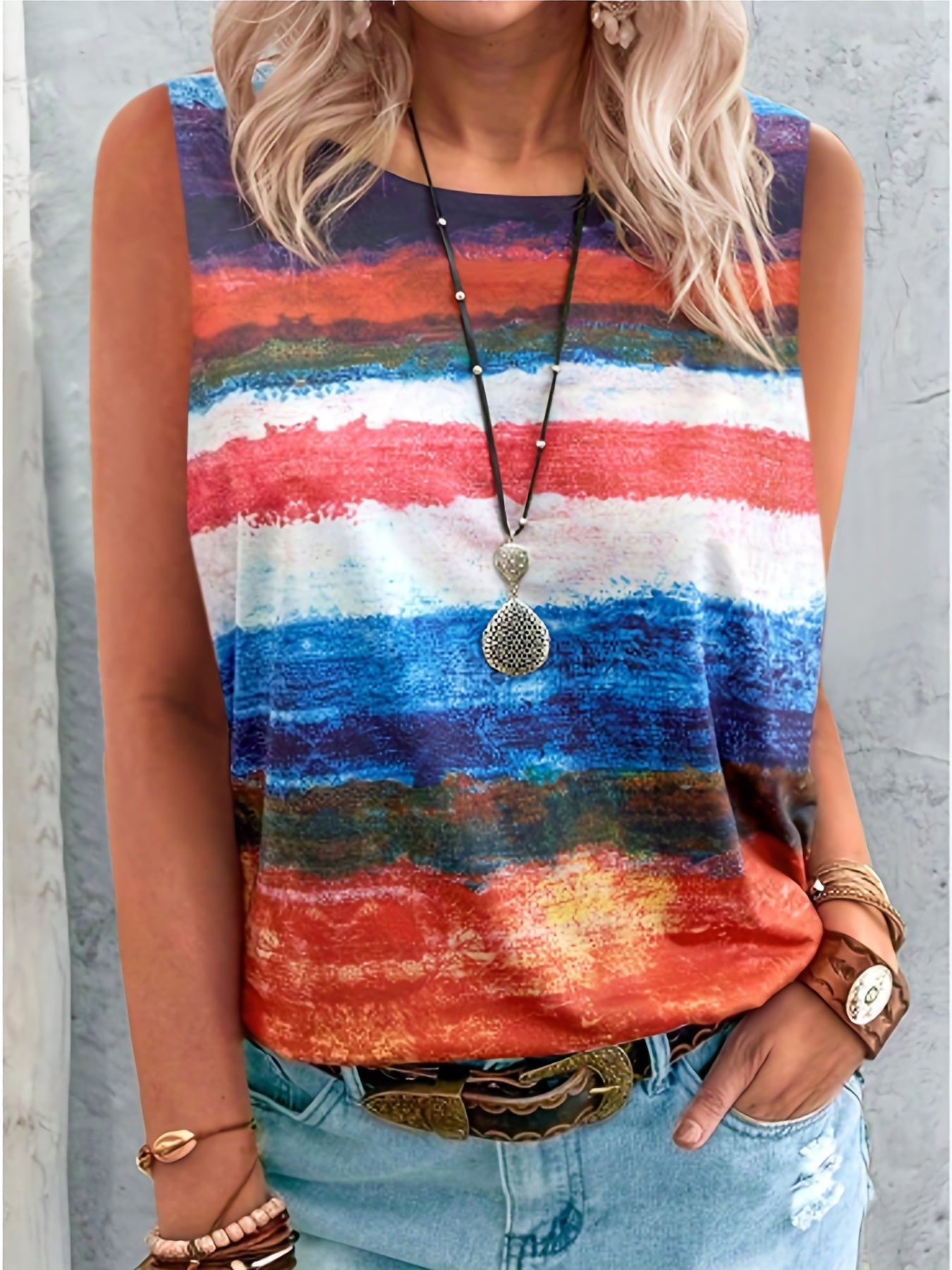  Stripe Print Round Neck Tank Top