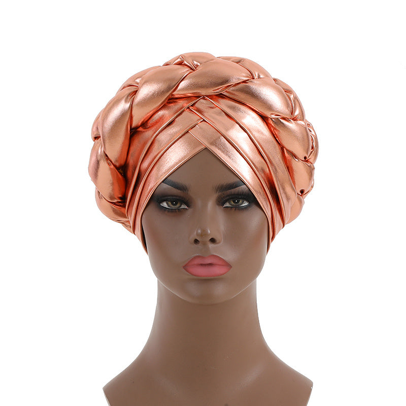 Champagne Three layer Turban Cap Hot Stamping Braided Hijab Hat