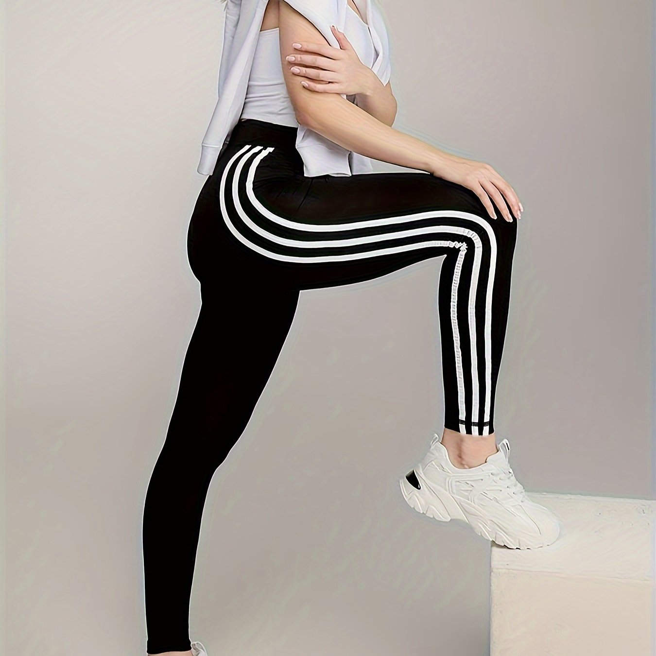 High Waist Yoga Pants with Side Stripes, Tummy Control