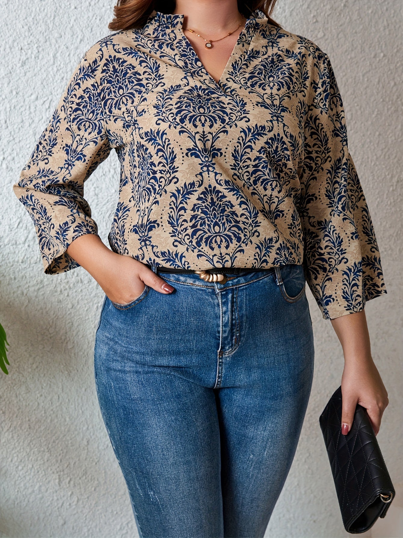  Boho Blouse Women's Plus Damask Print Notched Neck Blouse