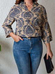  Boho Blouse Women's Plus Damask Print Notched Neck Blouse