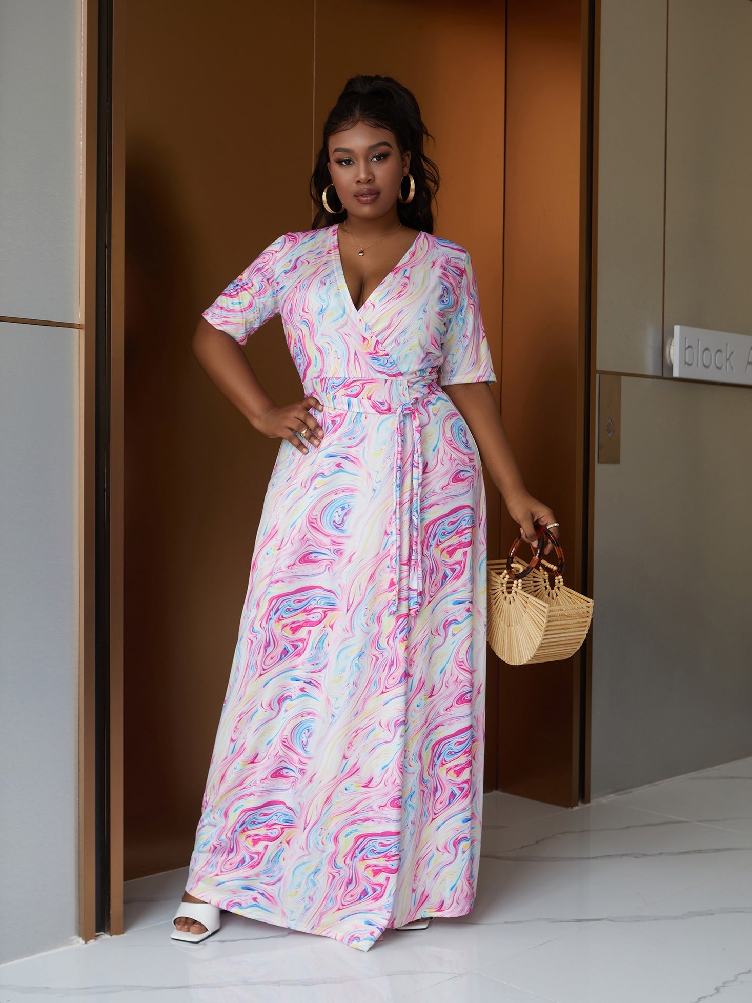 Marble Print Waist Wrap Maxi Dress V Neck Boho Long Dress