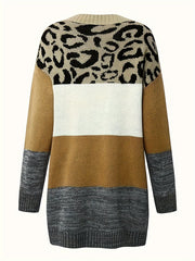  Colorblock Leopard Print V Neck Sweater
