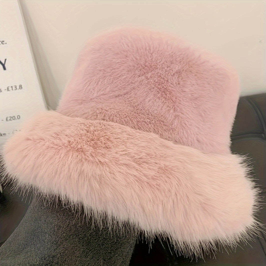 Fluffy Faux Fur Bucket Hat Plush Warm Hat