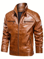 Men's Solid PU Zip Jacket Stand Collar