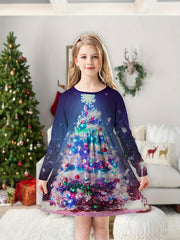 3D Christmas Tree Print Long Sleeve Dress Girls Dreamy Dress For Spring Fall