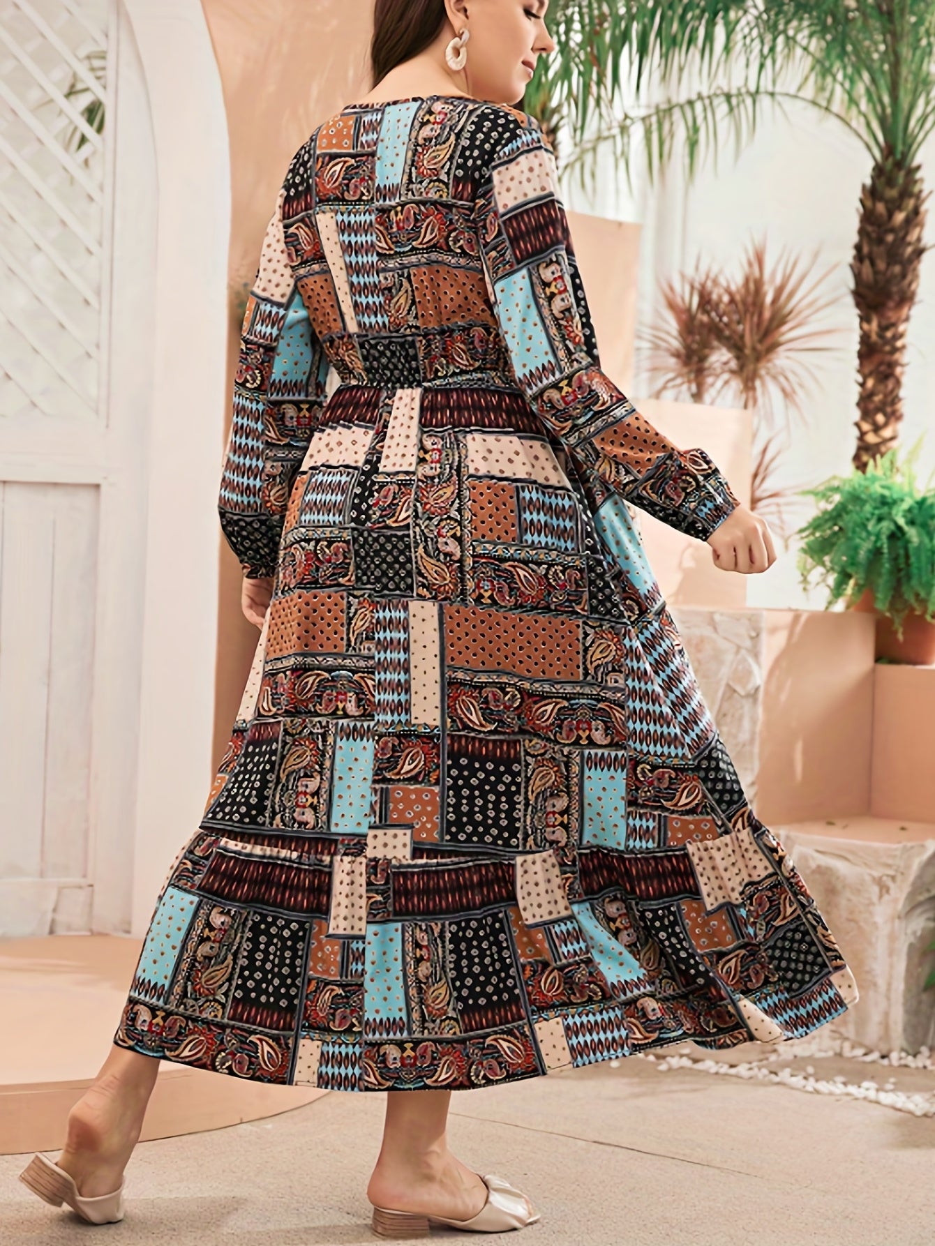  Boho Abaya Dress Paisley & Scarf Print Smock Maxi Jalabiya