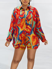  Abstract Print Button Up Blouse & Shorts Set