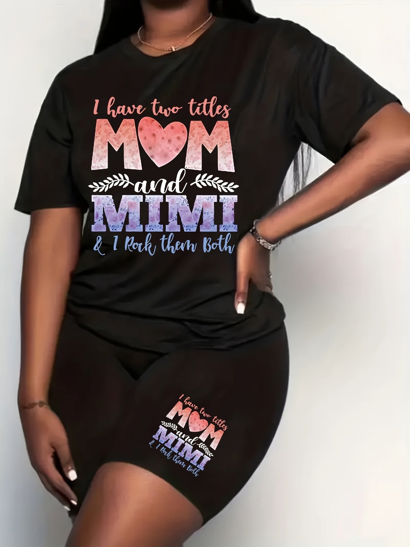  Family Casual Outfits Women's Plus Slogan Print Top & Shorts