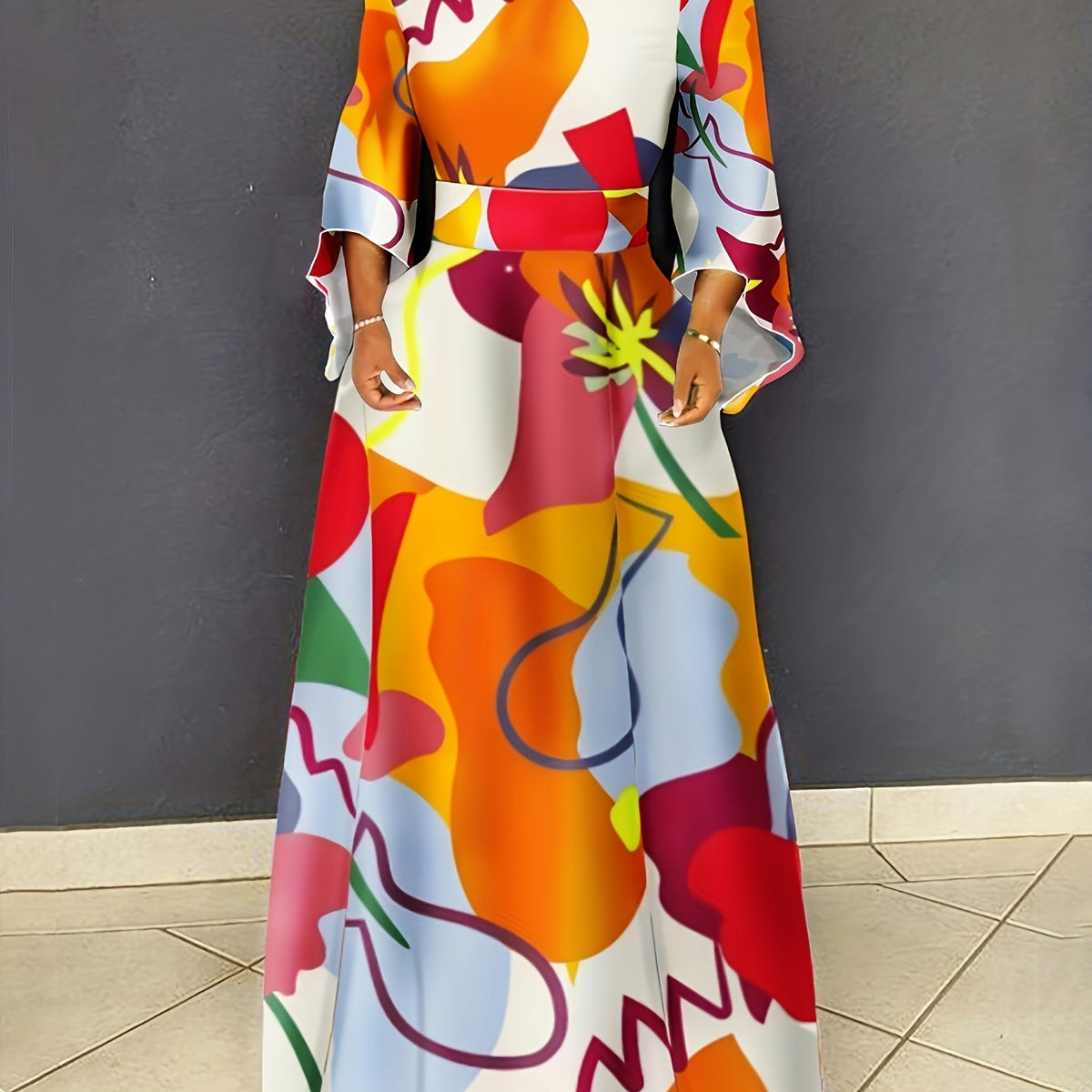  Colorblock Graffiti Print Bell Sleeve Maxi Dress
